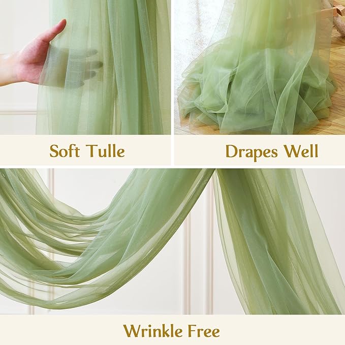 Wedding Arch Draping Fabric Backdrop 2 Panel 30" x 19Ft Sage Green Drapes Curtains for Wedding Reception Sheer Tulle Backdrop Curtain for Ceremony Birthday Party Baby Shower Arbor Ceiling Decorations