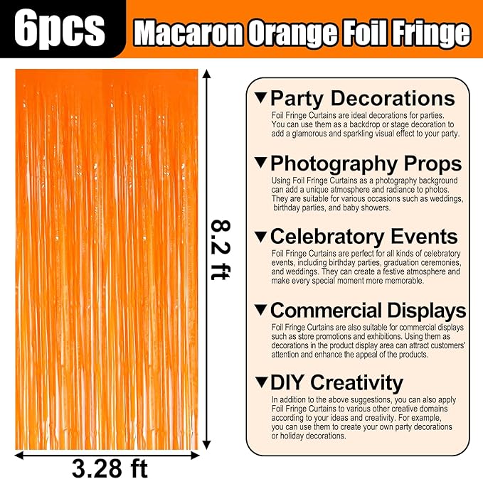 6 Pack Macaron Orange Foil Fringe Curtain Backdrop, 3.28Ft x 8.2Ft Metallic Tinsel Foil Fringe Streamer Curtains for Photo Booth, Birthday, Wedding, New Year Party Decorations