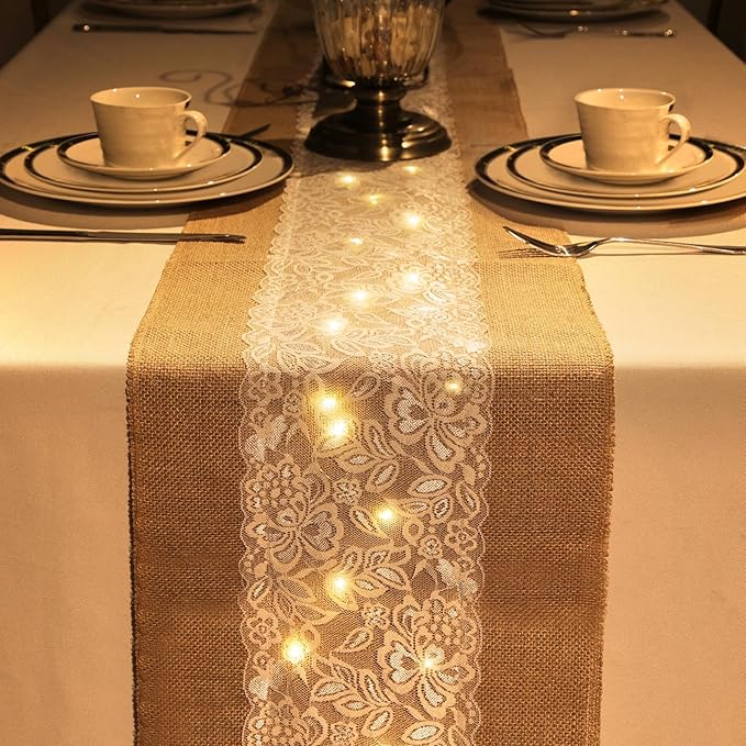 Xinnun 6 Pack Burlap Table Runner with LED String Lights, Modern Rustic Lace Natural Vintage Boho Jute Wedding Table Decor for Farmhouse Thanksgiving Christmas(Modern Neutral,12x70 Inches)