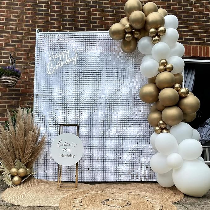 Qcity Matte White Sequin Wall Backdrop 36PCS, Black Back Not See-Through Design, Square Sequin Glitter Backdrop Panel, Perfect for Outdoor Events, Birthdays, Wedding and Party Decoration