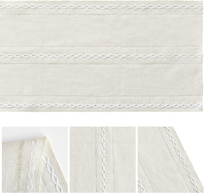 Artoid Mode Beige Rustic Cotton Linen Table Runner, Seasonal Embroidered Hollow Kitchen Dining Table Decoration for Home Party Decor 13x108 Inch