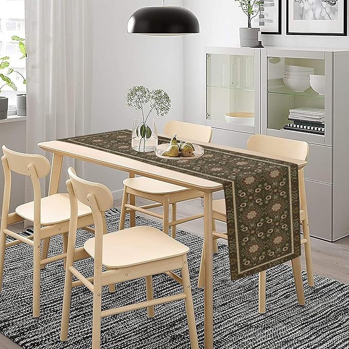 Vintage Boho Floral Table Runner, Rustic Country Farmhouse Brown Bohemia Flower Pattern for Home Kitchen Table Decor Dining Coffee Room Party Decor 13x108in