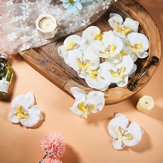 40 Pieces Orchid Petals Artificial Decorations Wedding Party Orchids Heads Flowers Faux Silk Phalaenopsis Butterfly Flower Heads for DIY Craft Home (White)