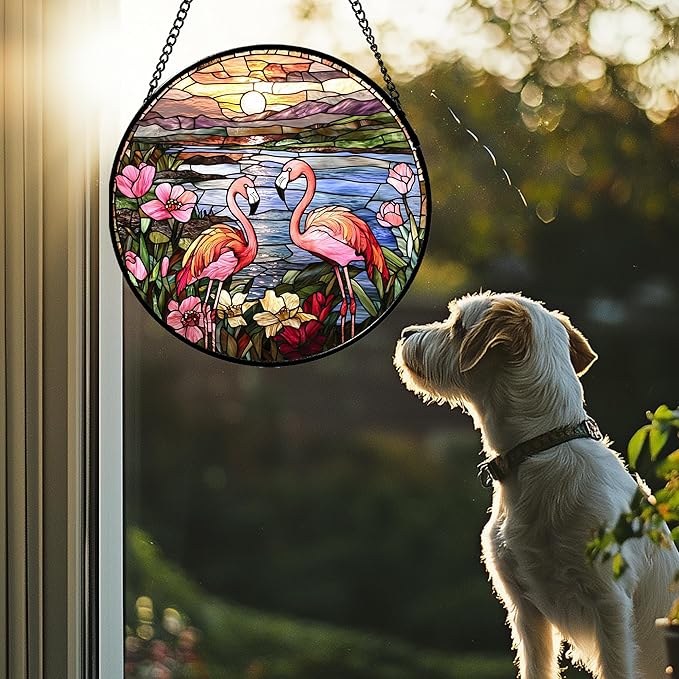 Stained Glass Window Hanging - Flamingo Wildflowers Landscape Suncatcher for Door Terrace Garden Home Decor Sunset Lake Sun Catcher Birthday Gifts for Lovers Women Men Dad Mom Nana 15 in
