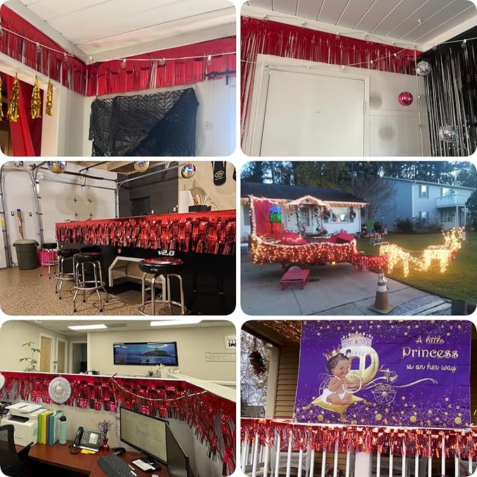 4 Pack Total 40 Feet Foil Fringe Garland Metallic Wall Hanging Drapes Tassel Skirting Tinsel Streamers Decorations for Parade Float Trailer Mardi Gras Party Birthday Wedding (Red)