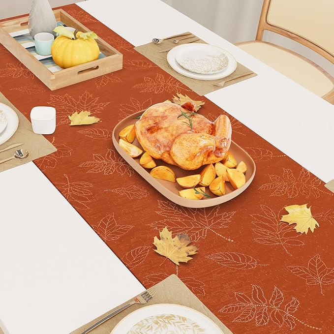 Smiry Fall Table Runner - 13x72 Inch Autumn Leaves Damask for Harvest Parties and Thanksgiving Dinner, Rust