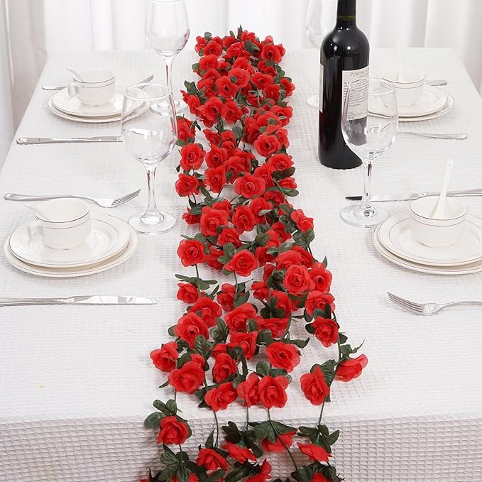 10 Pcs 82FT Flower Garland, Artificial Rose Garland Flowers Plants Fake Flower Hanging Rose Ivy, Birthday Party Valentine's Day Wedding Wall Arch Decor（Red）