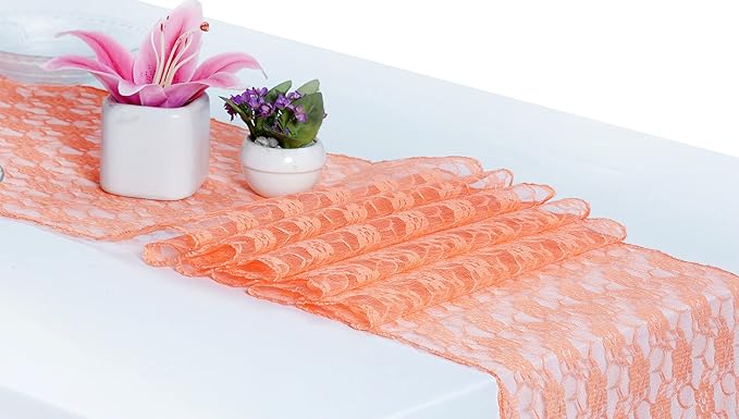 MDS Pack of 20 Wedding 12 x 108 inches Lace Table Runner for Wedding, Decorations for Birthday Parties, Banquets, Graduations, Engagements, and Runners fit Rectangle, Round Table- Peach