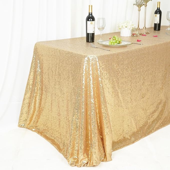SquarePie Sequin Tablecloth 90 x 132 Inch Light Gold Sparkly Table Cloth for Wedding Party Decoration