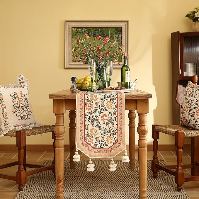 ISAENNE Designer French Elegant Linen Table Runner 87 Inches Long,Farmhouse Lily Pattern Decor Table Runners for Dining Tables,Thanksgiving,Kitchen Tables,Christmas,12"*87"-Aurora A