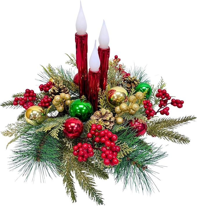 Christmas Floral Arrangement Centerpiece with 3 Flameless LED Candles, Battery Operated Lighted Holiday Table Decoration with Pine, Berries & Ornaments Holiday Winter Decorations