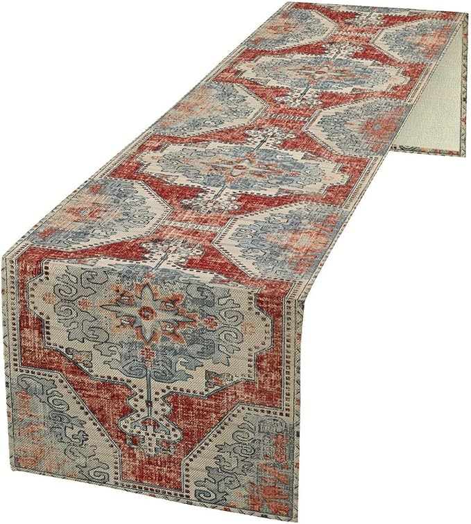Boho Floral Vintage Table Runner, Retro Blue Red Flower Rustic Country Farmhouse Abstract Pattern for Home Kitchen Table Decor Dining Coffee Room Party Decor 13x108in