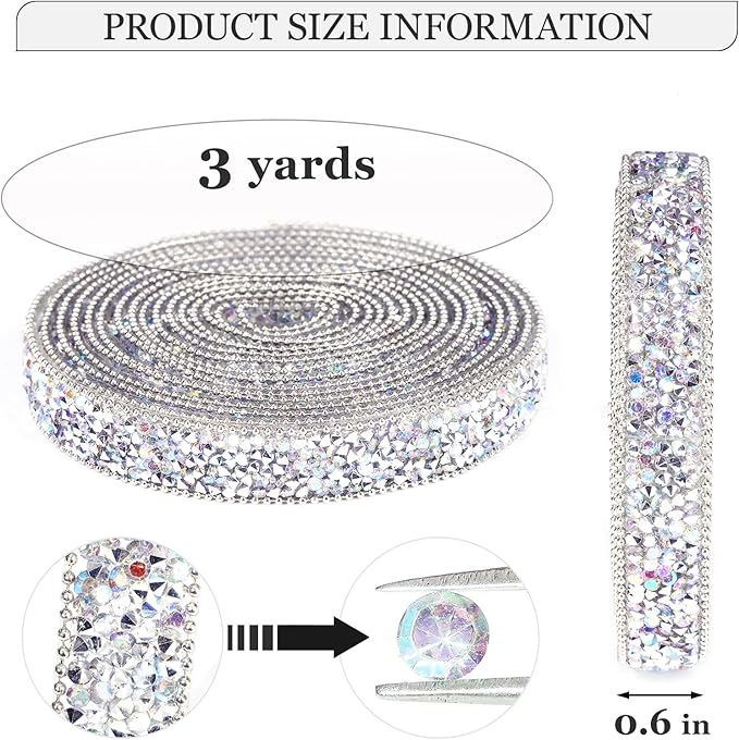 Rhinestone Ribbon 3 Yards Self Adhesive Rhinestone Strips Diamond Ribbon Sticker Crystal Roll Glitter Bling Rhinestones Tape for Crafting DIY Art Decoration (Silver AB,0.6 Inch)