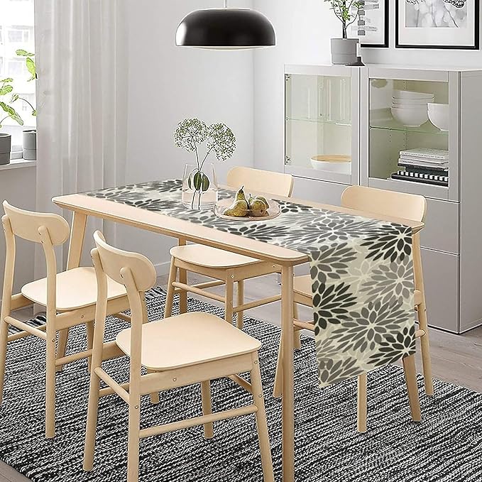 Gray Dahlia Flower Table Runner, Vintage Modern Linen Geometric Pattern Floral Table Runner Spring for Farmhouse Kitchen Dining Party Holiday Party, 13x90 Inch