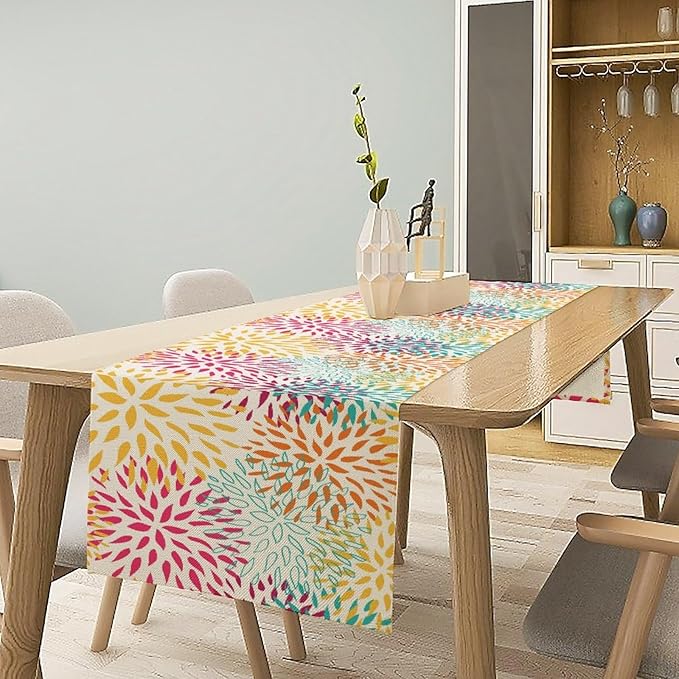 Abstract Flowers Table Runner, Chrysanthemum Dahlia Vintage Modern Colorful Spring Summer Elegant Table Runner for Party Kitchen Dining Living Room Laundry Room Decor, 13x60 Inch