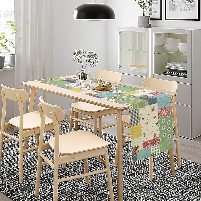 Patchwork Boho Table Runner,Vintage Colorful Floral Plaid Polka Dot Print Tablecloth Burlap for Hotel Indoors Outdoor Dining Room Kitchen Home Decor,W13X L90 in