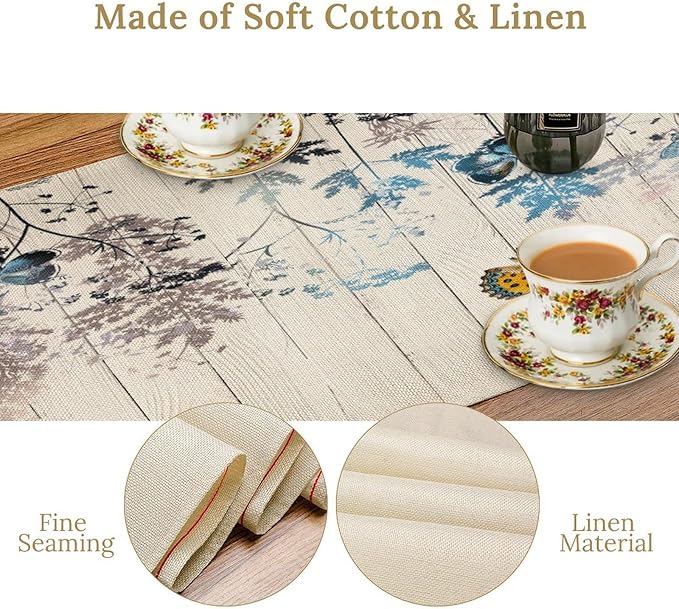 Nature Dandelion Table Runner,Rustic Floral Wood Plank Butterfly Girl Women Pattern Print Burlap Tablecloth for Hotel Indoors Outdoor Dining Room Kitchen Table Decor, 13x70in