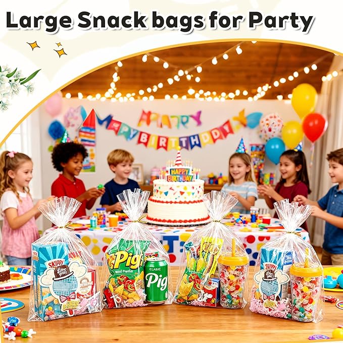 PigPotParty 12"x 16", 100Pcs Bottom Gusset Bags, Clear Plastic Cellophane Mug Treat Goodie Gift Bags with 100x Twist Ties, Large Party Favor Packaging, Toy Wrapping (No Side Gusset)