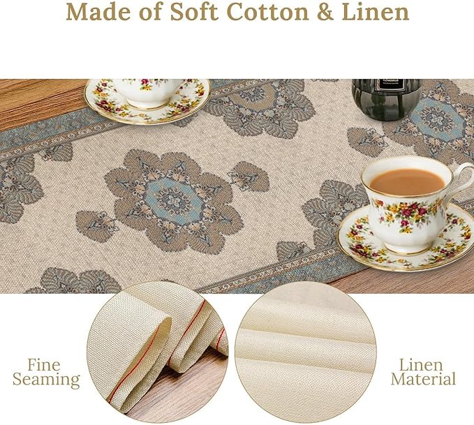Boho Bohemia Style Table Runner, Vintage Teal Brown Retro Flower Rustic Country Style Floral Print Pattern for Home Kitchen Table Decor Dining Coffee Room Garden Party Decor 13x120in