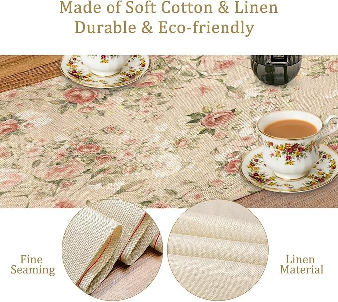 Lovely Rose Table Runner, Red and White Vintage Rose Delicate Floral Natural Pattern Long Table Restaurant Kitchen Holiday Party Decoration,13in（33cm） W * 60in（152cm） L