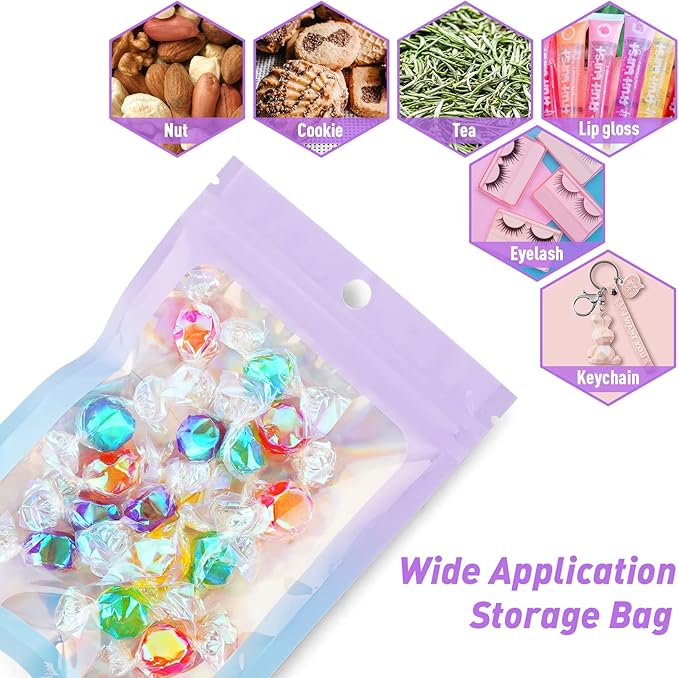 Funfery 100 Pack Gradient Holographic Bags,Mylar Resealable Bags with Zipper,Clear Window Packaging Pouchs,Foil Smell Proof Bag for Food Storage,Sample Jewelry Bag(6.3x9.4In,Purple Blue)