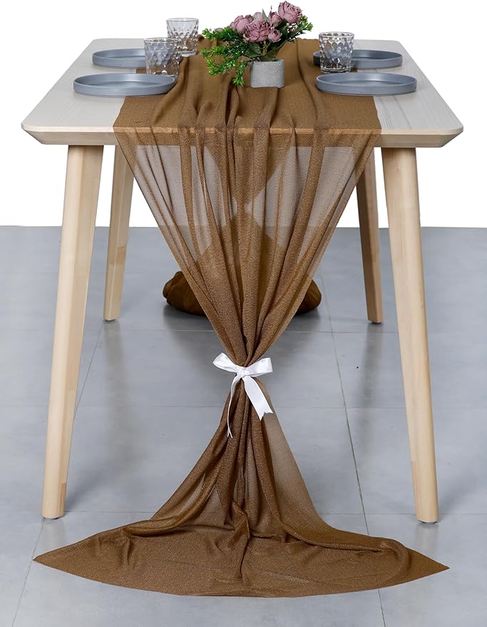 MDS 5 Pack 10ft Chiffon Table Runner 29 x 120 Inches Sheer Wedding Runner Romantic Rustic Table Runner for Wedding Decorations, Birthday Parties, Bridal Shower Party Arch Decor - Mocha