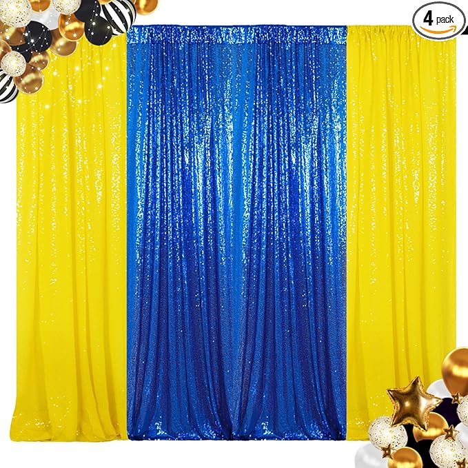 ShinyBeauty Sequin Backdrop Yellow and Royal Blue Backdrop Set of 4, 2FTx8FT Photo Backdrops Shimmer Wall Photograph Backgrounds Glitter Curtains 4 Pieces