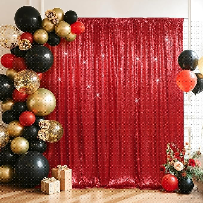 SquarePie Sequin Backdrop Less Transparent Background Sparkly Curtain for Wedding Party 4FT x 7FT Red