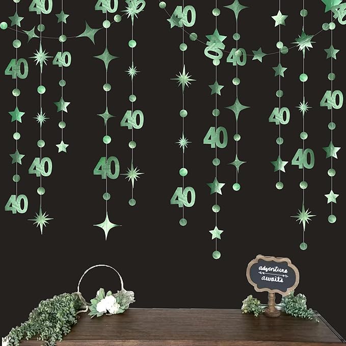 Sage Green 40th Birthday Decorations Number 40 Circle Dot Twinkle Star Garland Metallic Streamer Banner Backdrop for Women Mens Cheers to 40 Years Old Birthday Happy 40th Anniversary Party Supplies