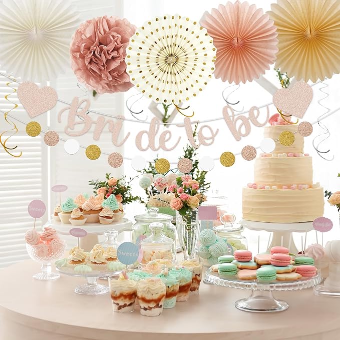 Whaline 22Pcs Boho Champagne Gold Pink Bachelorette Party Decoration Bride to Be Banner Hanging Lanterns Paper Fans Pom Poms Tassel Garlands for Wedding Bridal Shower Backdrop