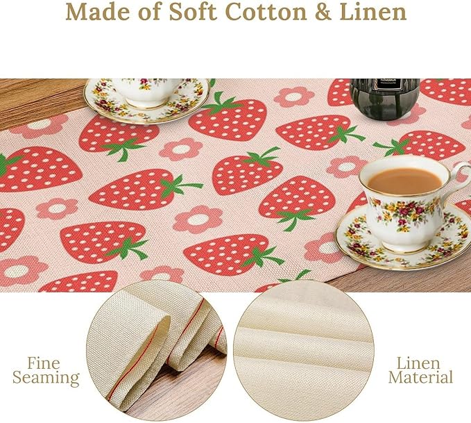 Strawberry Table Runner Spring Summer Fruit Pink Berry Forest Garden Dinner Runner for Girl Baby Shower Party Holiday Home Kitchen Dining Table Decor 13x108