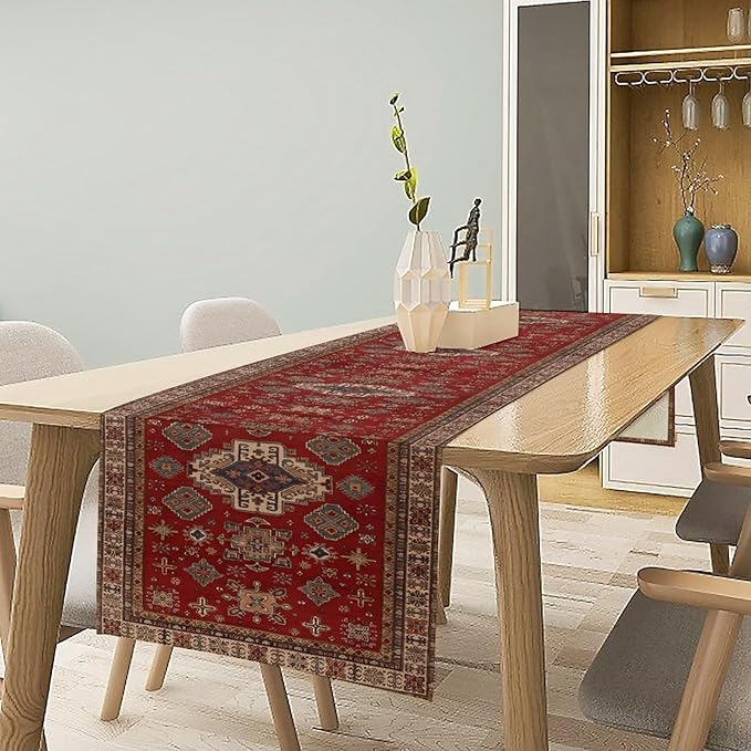 Boho Floral Vintage Table Runner, Retro Red Brown Flower Rustic Country Farmhouse Abstract Pattern for Home Kitchen Table Decor Dining Coffee Room Party Decor 13x90in