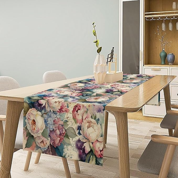 Vintage Floral Table Runner,Girls Women Rose Romantic Leaf Botanical Watercolor Pattern Print Burlap for Hotel Indoors Outdoor Dining Room Kitchen Holiday Party, 13x90in