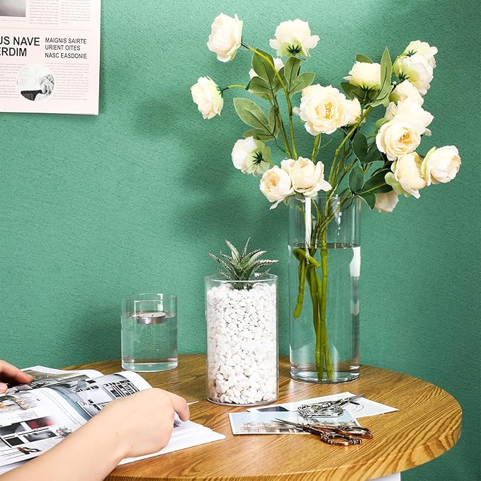 Nuogo 24 Pcs Plastic Cylinder Vases Tall Clear Flower Vases for Centerpieces Hurricane Candle Holder for Home Wedding Office Party Formal Dinners Decorations (4''/6''/8'')