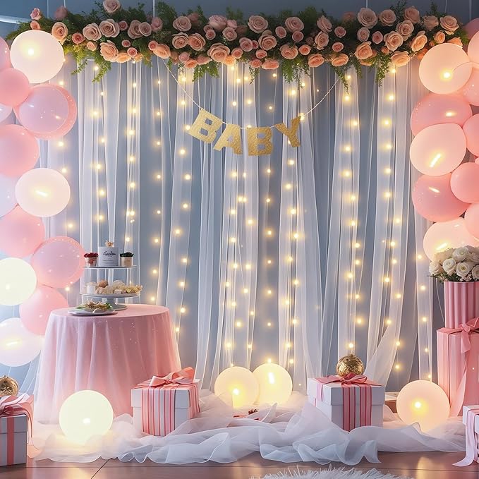 10x10ft White Tulle Backdrop Curtain with Lights String for Parties Wedding Twinkle Sheer Backdrop Curtains for Bridal Shower Birthday Party Baby Shower Photo Booth Decorations
