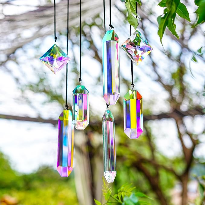 Crystal Prisms Ornament for Christmas Tree, 7 Pack Icicle Ornaments A/B Color Ornaments, Crystal Prism Suncatcher for Window Hanging for Women