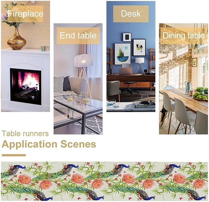 Peacock Table Runner,Seasonal Flower Plants Peacock Birds Table Runner for Home Kitchen Dining Party Indoor Outdoor Decoration 13x36 Inch