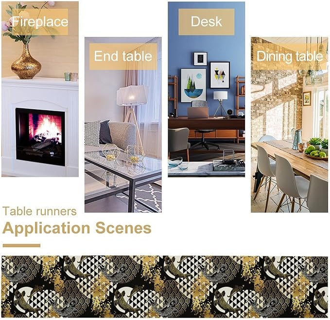 Japanese Table Runner Oriental Tradition Kio Fish Gold Art Printed Burlap Runner Home Kitchen Dining Table Living Room Decor Fabric 1 Panel W13xL120in