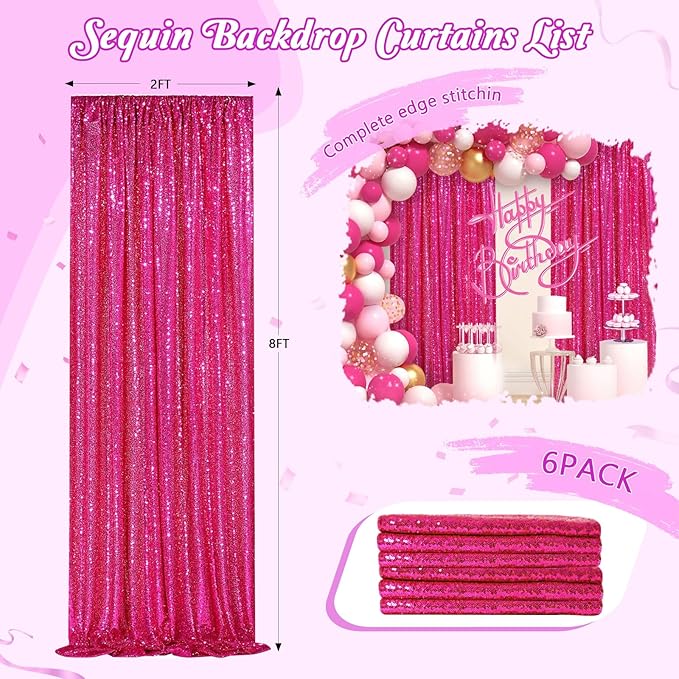 Party Backdrop Curtain 2ftx8ft Hot Pink Backdrop Drapes Curtains Panels with Rod Pockets 6 Pieces Sequin Fabric Flamingo Party Decor