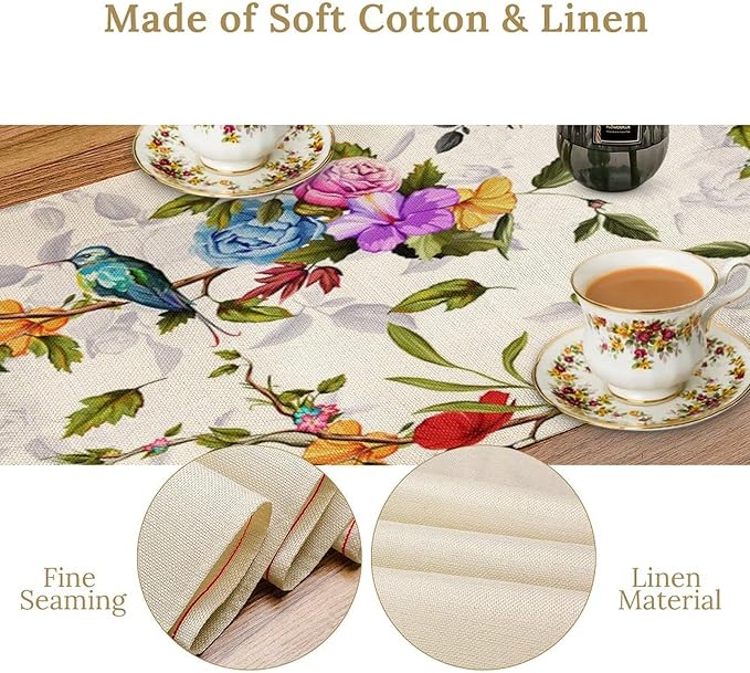 Vintage Bird Flower Table Runner Seasonal Spring Summer Garden Plants Farmhouse Country Kitchen Dinner Runner Dining Table Decoration for Home Party Holiday 13"x108"