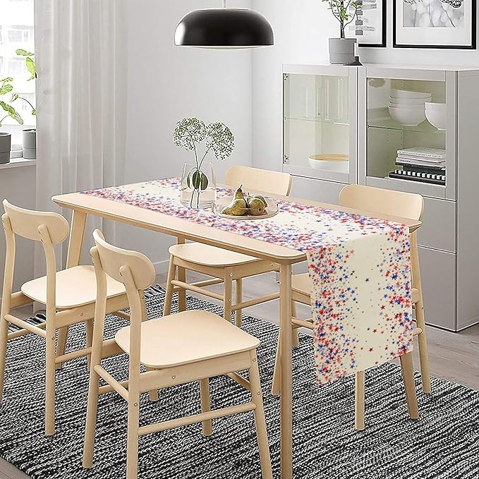 Independence Day Table Runner, 4th of July Red Blue Stars American President Day Holiday Confetti Print Table Cover for Kitchen Dining Table Indoor Outdoor Party, 13x36inch