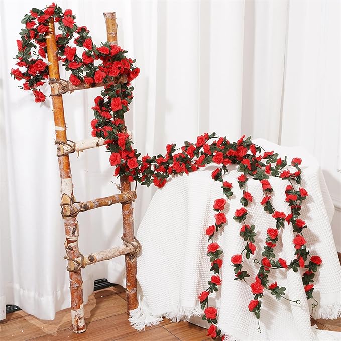 5 Pcs 41FT Flower Garland, Artificial Rose Garland Flowers Plants Fake Flower Hanging Rose Ivy, Birthday Party Valentine's Day Wedding Wall Arch Decor（Red）