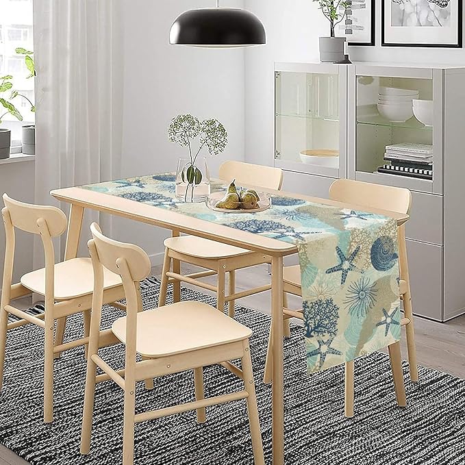 Nautical Coastal Table Runner，Ocean Themed Starfish Coral Conch Beach Kitchen Dinning Table Decoration for Indoor Outdoor Home Party Decor 13x90 Inch