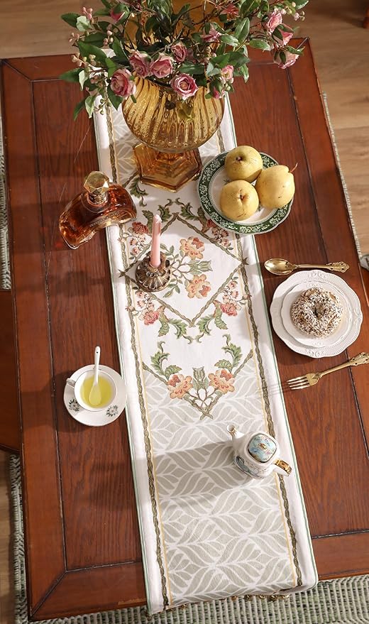 patdrea Designer French Floral Extra Long Velvet Table Runner 118 Inch Long,Green Orange Blossoms Pattern Table Mat, Decor for Kitchen Dining Coffee Table Cabinet Banquet Thanksgiving,16"*118"
