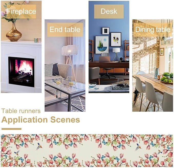 Flowers Table Runner,Floral Bird Butterfly Spring Table Cloth Kitchen Dining Table Home Party Decoration 13x90 Inch