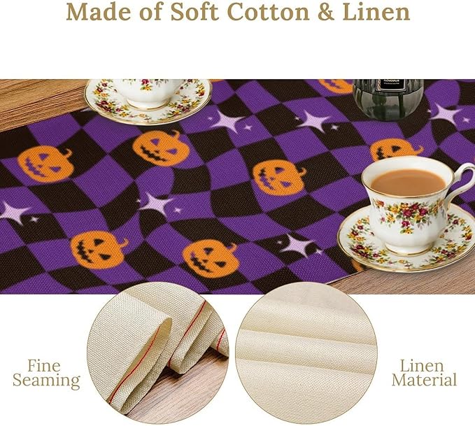 Halloween Table Runner,Purple Checkered Pumpkin Table Runner for Kitchen Dining Table Decoration Home Party Decor 13x90 Inch