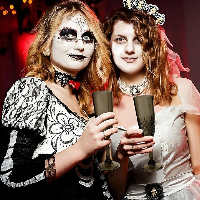 Plastic Champagne Flutes, 12PCS Black Wine Glasses Goblets Cups Shatterproof Reusable Flute for Halloween Weddings Bachelor Parties Toasting and Events(12, Black)