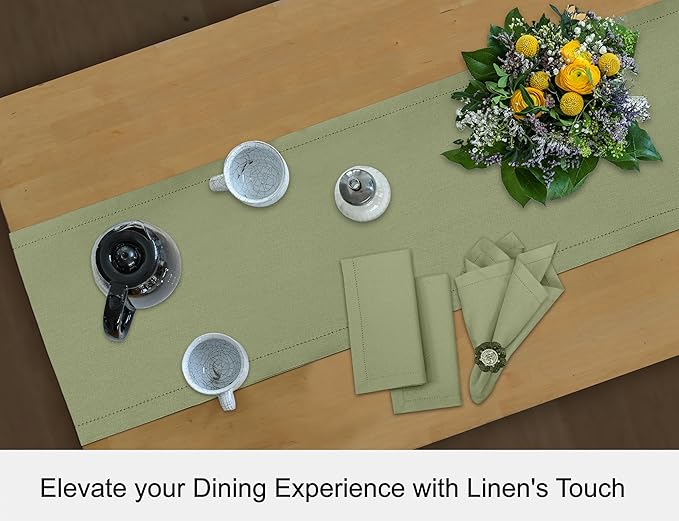 Ruvanti Linen Table Runner 90 Inches, Classic Hemstitch, Washable, Reusable, Non-Slipping, Stain Resistant- Perfect for Parties, Weddings, Dinners, Thanksgiving, Christmas, Indoor use – Olive