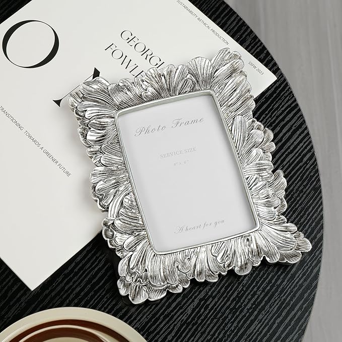 4x6 Silver Picture Frame, Vintage Silver Palm Leaves Textured Hand-Crafted Resin Frames with Glass Front, Elegant Retro Rustic Design Photo Frame for Wall and Tabletop Display Home Decor