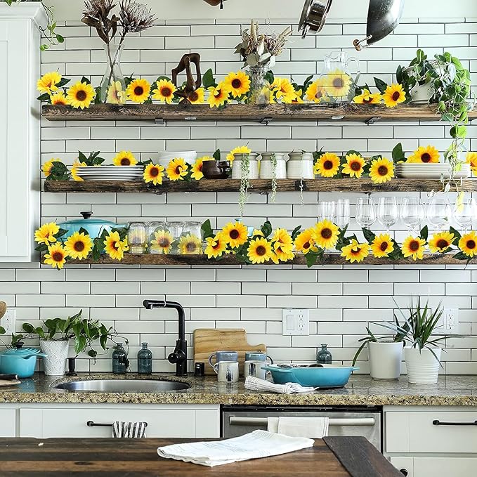 Uieke 12PCS Artificial Sunflower Garland, 7.5ft/Strand Silk Sunflowers Hanging Vines Flowers with Green Leaves for Room Kitchen Garden Birthday Wedding Baby Shower Party Table Decor Large